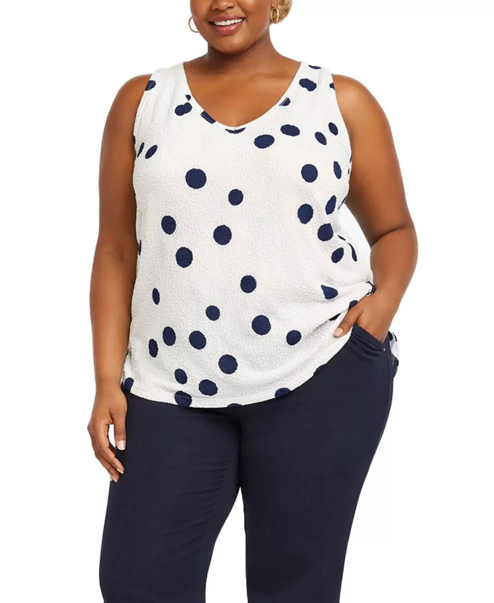 COIN 1804 Plus Size Polka Dot Crinkle Knit Double V-Neck Tank White Size 1X 3899